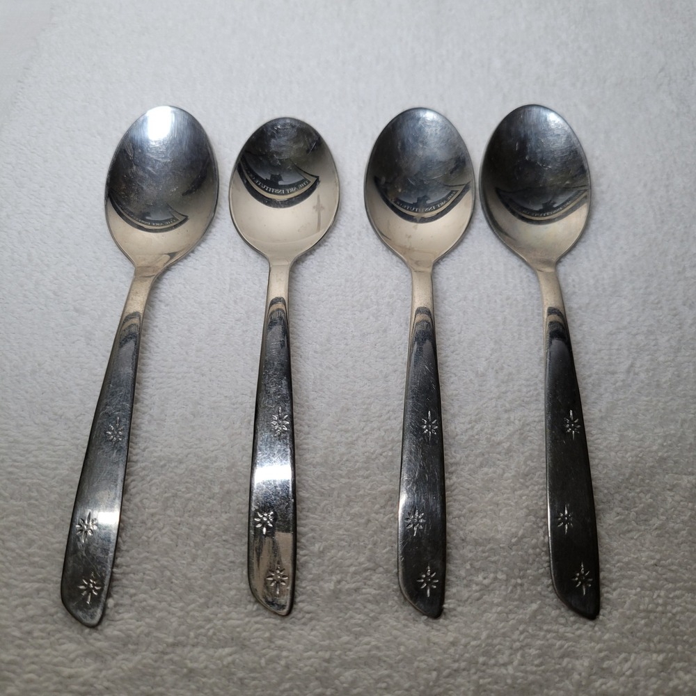 Oneida North Star Stainless Steel Teaspoons Set of 4 Starburst MCM Vintage 6"